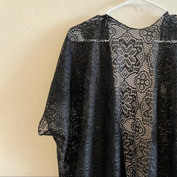 Black Lace Sheer Lace Fringe Trim Open Front Kimono Small - Picture 5 of 7
